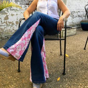 Pink Floral Bell Bottoms - Flare Jeans - Upcycled